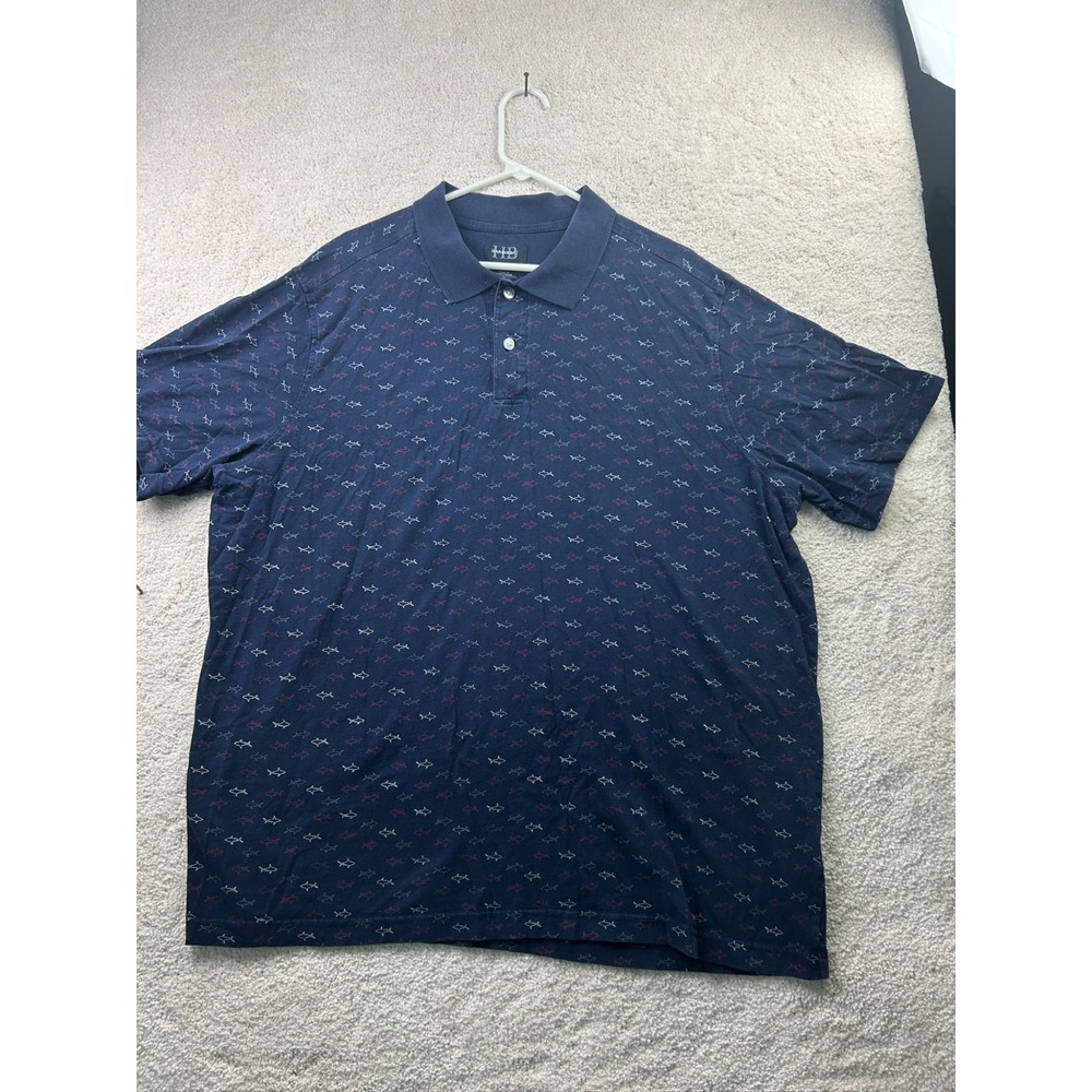 Harbor Bay Mens Navy Polo Shirt With Red & White Shark Print 2XL 100% Cotton Sho